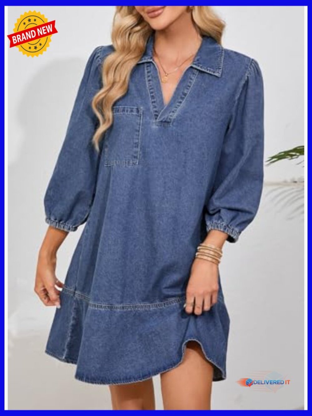 V Neck 3/4 Puff Sleeve Babydoll Denim Dress - Picture 4 of 7
